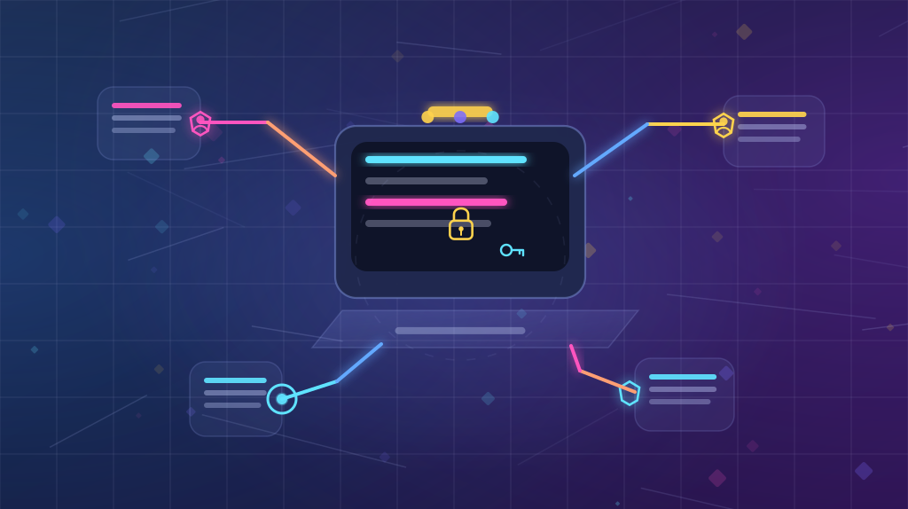 Neon illustration of a secure auth panel connected to protected access badges and role checkpoints