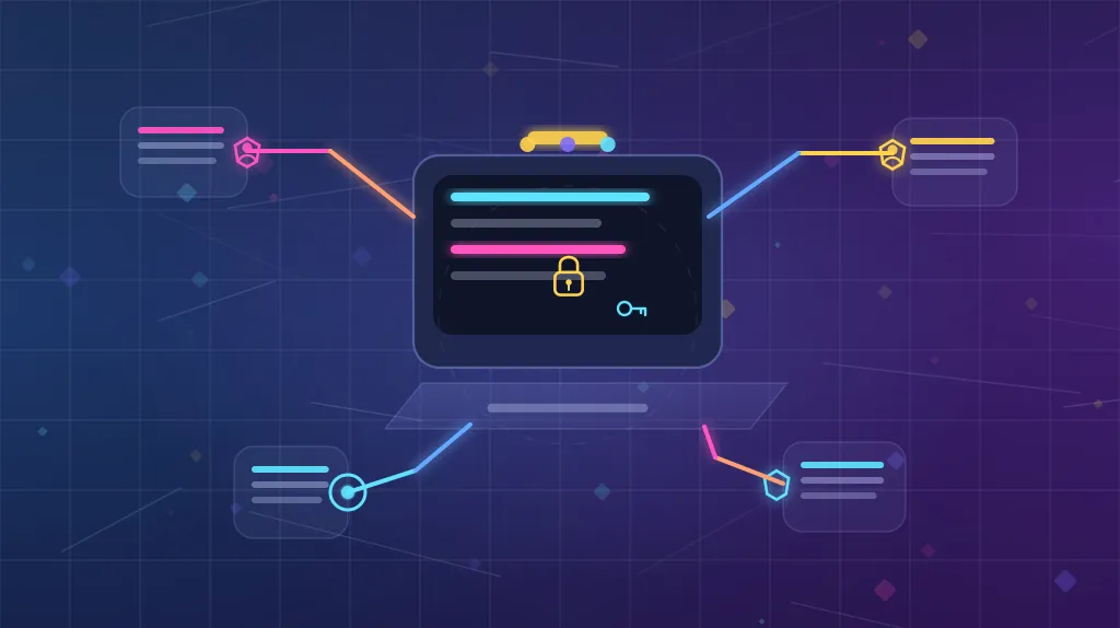 Neon illustration of a secure auth panel connected to protected access badges and role checkpoints