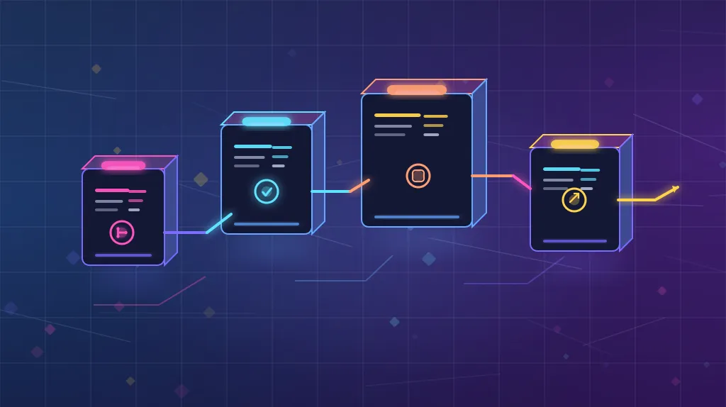 Neon illustration of a CI/CD pipeline flowing through commit, test, build, and deployment stages