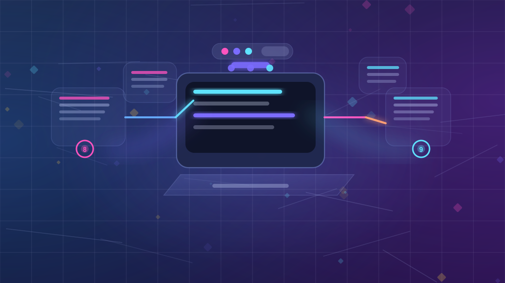 Neon illustration of a legacy ESLint configuration migrating into a modern flat config panel